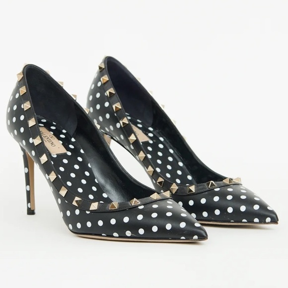 Valentino Garavani Shoes - Valentino Rockstud Studded Polkadot Pointed Toe Black Leather Pump Heels